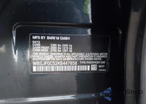 2019 BMW M5 Competition из США, поврежденный, VIN WBSJF0C52KB447858